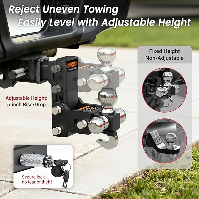 ORCISH Adjustable Rotating Trailer Hitch, 4-in-1 Tri-Ball & Tow Hook, 360° Swivel Ball Mount, 2.5" Receiver with 5" Drop/Rise, Ball Sizes: 1-7/8", 2", 2-5/16", Anti-Theft Lock, Fits Truck SUV RV
