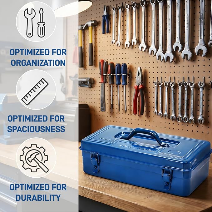 Portable Steel Tool Box, 16 Inch Metal Tool Organizer Box with Double Latch Closure and Handle, Heavy Duty Storage Toolbox Chest for Workshop, Garage, Warehouse, Household, Blue