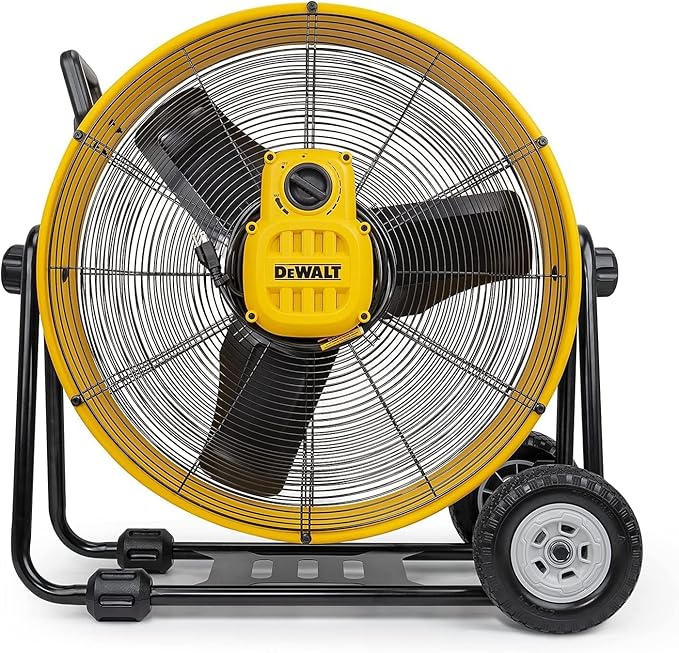 DEWALT Drum Fan High-Velocity Industrial, Drum, Floor, Barn, Warehouse Fan, Heavy Duty Air Mover with Adjustable Tilt & Large Wheel, 24", Yellow DXF2490