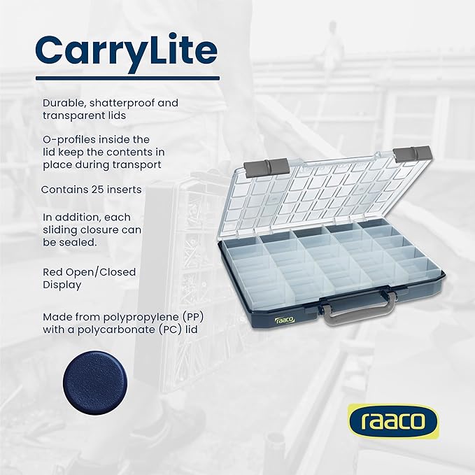 Raaco CarryLite Slim Small Parts Organizer Box – 2.3 Inch Height – 25 Inserts – Anti-Mix U-Profile Lid for Screws, Bolts & Nuts – Secure Sliding Lock – Portable Hardware & Tool Storage (CarryLite 55)