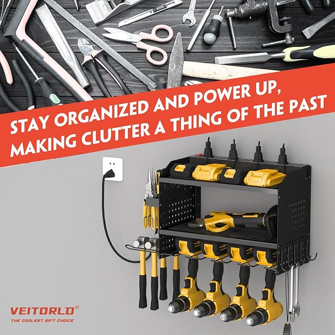 Power Tool Organizer with Charging Station, Heavy Duty Modular Wall Mount Rack for Garage & Shed Organization, 4 Drill Holders, Fathers Day Anniversary Birthday Gifts for Men Dad Him Husband(Black)