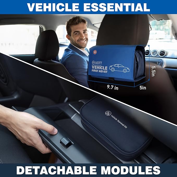 UOTT First Aid Kit for Car – Vehicle Emergency Kit with Detachable Modules, Window Breaker, Splint, Reflective Vest – for Travel, Commute & Roadside Emergencies, Compact Blue Bag