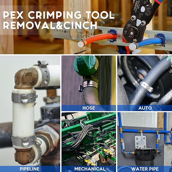 2 IN 1 Ratchet Pex Crimping Tool Pliers Cinch and Remove Combo Function Professional Pex Crimper Long Handle Pex Pinch Tool Pex Pipe Crimp Tool for 3/8" to 1" Stainless Steel Clamps