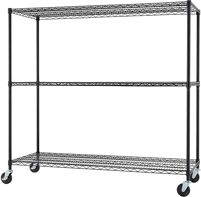 Trinity Basics 3-Tier Adjustable Wire Shelving with Wheels for Kitchen Organization, Garage Storage, Laundry Room, NSF Certified, 600 to 1350 Pound Capacity, 60” by 24” by 54”, Black