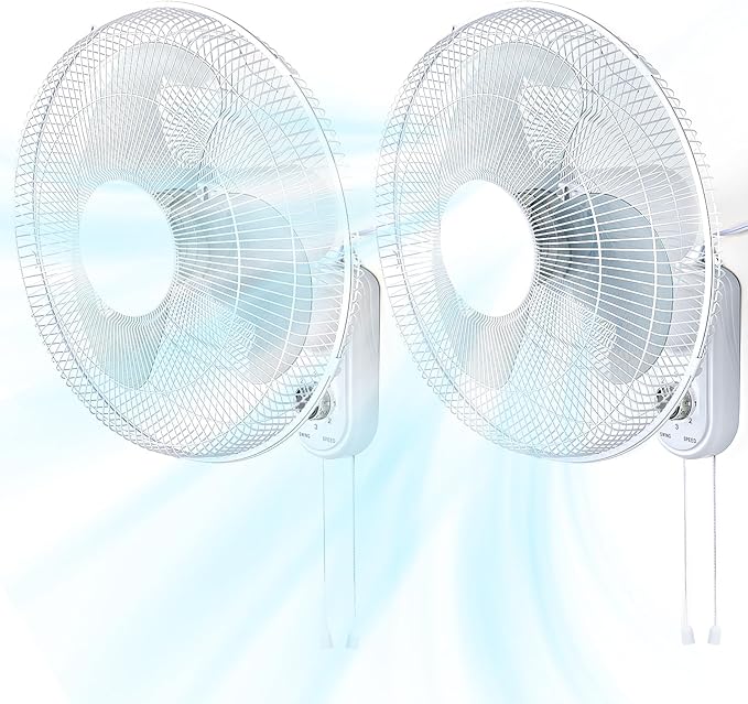 Aottop 16-Inch White Wall Mount Fan with Pull Chain and Knob Control, 2-Pack | 3 Speeds,Oscillating,Ideal for Bedroom, Living Room, and Office