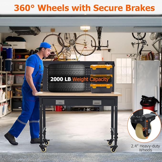 GarveeTech Adjustable Workbench for Garage, 48 in Rubber Wood Top Workbench With Drawer Storage Pegboard, 2000 LBS Load Capacity, Heavy Duty Workstation With Power Outlets & Wheels, Tool Storage Bench