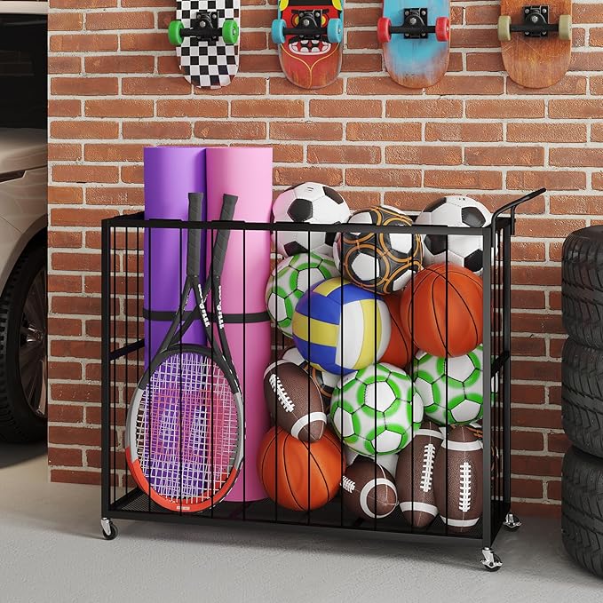 Homsorout Ball Storage Bin Rolling Sports Ball Cart, Metal Garage Organizer Sport Rack, Ball Basket Storage, Ball Cage for Garage or Gym, Indoor & Outdoor Sports Equipment Organizer