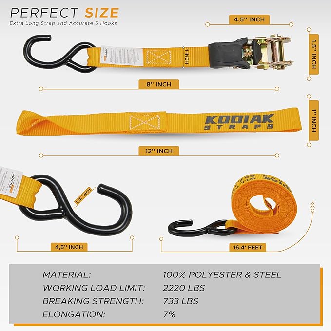 KODIAK STRAPS Ratchet Straps Heavy Duty Tie Down Strap Set 2200 Break Strength – 1" x 17' 4pk with Soft Loops Cargo Truck Bed Tie Downs – Coated Deep S-Hook & Carry Bag for Moving, Securing Cargo