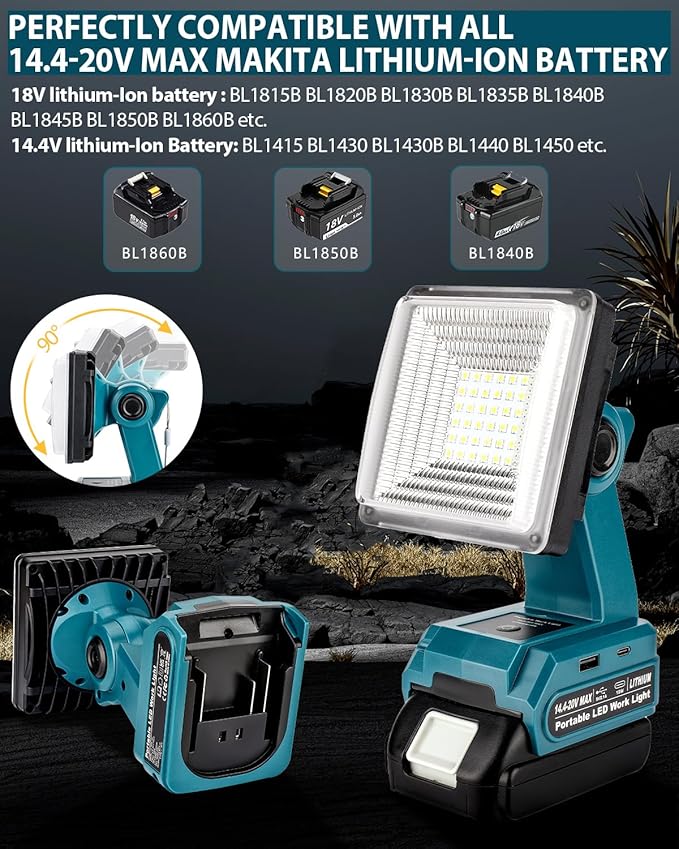 Adisipsoarin Cordless LED Work Light for Makita 18V LXT Battery, 25W LED Floodlight with USB-A&USB-C 2.1A Fast Charging Ports for Jobsite, Car Repairing, Camping, Emergency