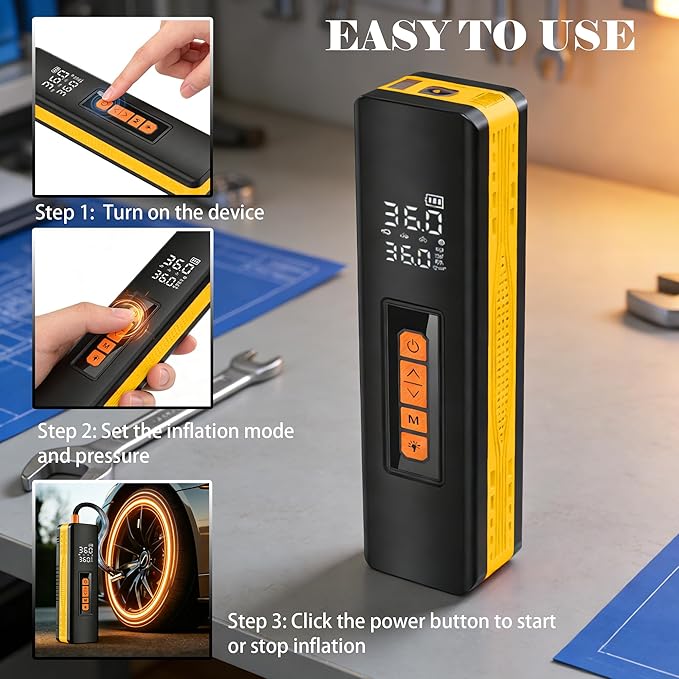 Tire Inflator Portable Air Compressor, 5X Faster Portable Air Compressor for Car Tires with Powerful Battery (Yellow)
