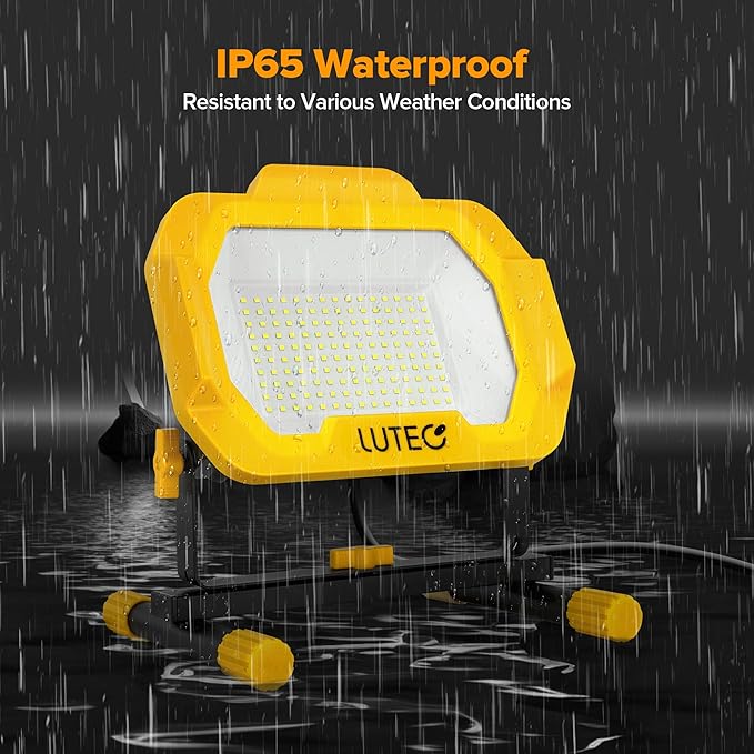 LUTEC 12500 Lumen LED Work Light, Dimmable Flood Lights with 3 Brightness Levels, IP65 Waterproof Portable Job Site Lights with Stand and 5 Ft 3-Prong Power Cord for Workshop Garage Construction Site