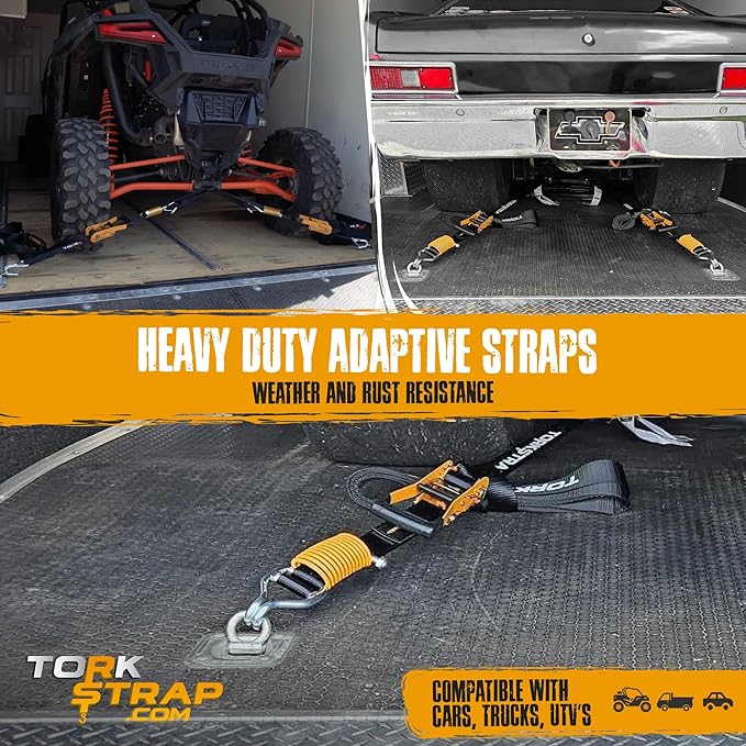 TorkStrap Pro 25' x 2'' Self Tensioning Ratchet Straps (10,000LB Break Strength) - Adjusts to Load Shifts - Heavy Duty & Industrial Use - Extra Soft Loops - Heavy UTV, Cargo, ATV, Trucks (4-Pack)