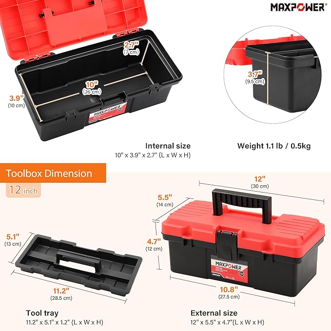 MAXPOWER 2-Piece Plastic Tool Box Set, 12-inch Mini Tool Box & 17-inch Handheld Toolbox, Lockable, Removable Tray, Top Small Parts Organizer Storage for Home, Garage, and DIY Projects
