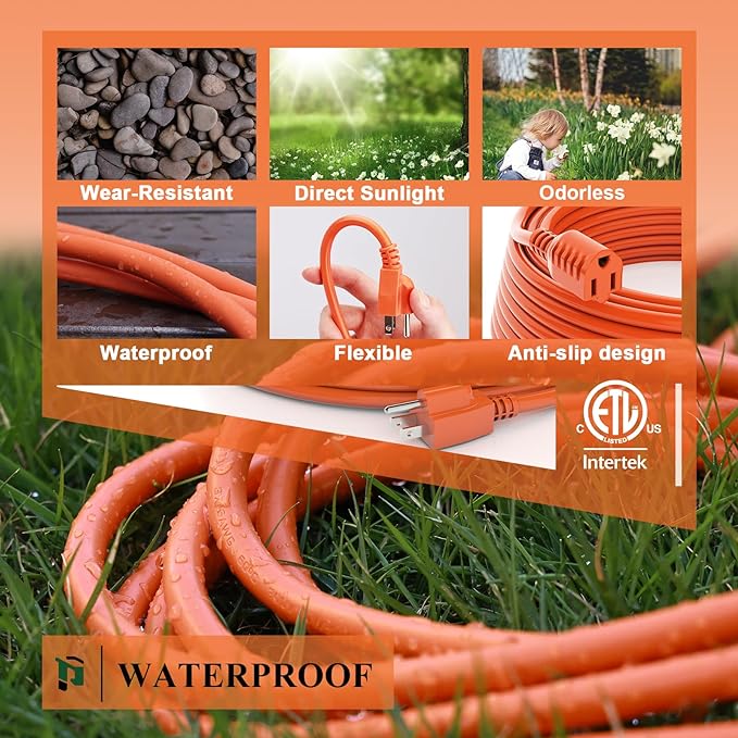 Outdoor Extension Cord 25 FT Waterproof, 16/3 Gauge Heavy Duty 3 Prong Extension Cord, 13A 1625W SJTW, ETL Listed, Great for Garden and Home, Orange