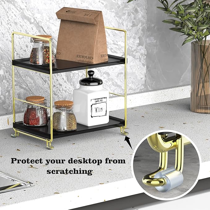 2-Tier Spice Rack Bathroom Organizer Countertop Storage Shelf, Cosmetic Storage Rack Standing Counter Shelf (Gold + Black)