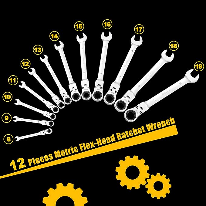 12-Piece 8-19mm Metric Flex-Head Ratcheting Wrench Set, Professional Chrome Vanadium Steel Ratchet Wrench, Combination Ended Span Kit with Portable Suspended Bag