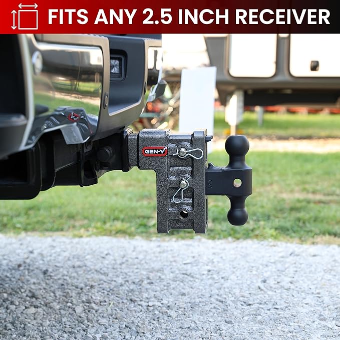 GEN-Y Hitch Tow Hitch for 2.5" Receiver - 6" Drop/Rise with 3 Adjustable Positions, Includes Dual Ball Mount, Pintle Lock and Locking Pins, 21,000 lbs Towing Capacity, 3,000 lbs Tongue Weight, Silver