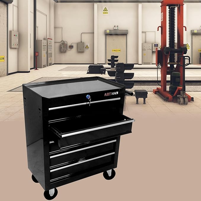 YOPTO Multifunctional Cart with 5 Ball-Bearing Drawers,Portable Rolling Tool Chest W/ 4 Wheels,Key Locking and Pull Handle,for Garage,Warehouse,Workshop,Repair Shop,Black