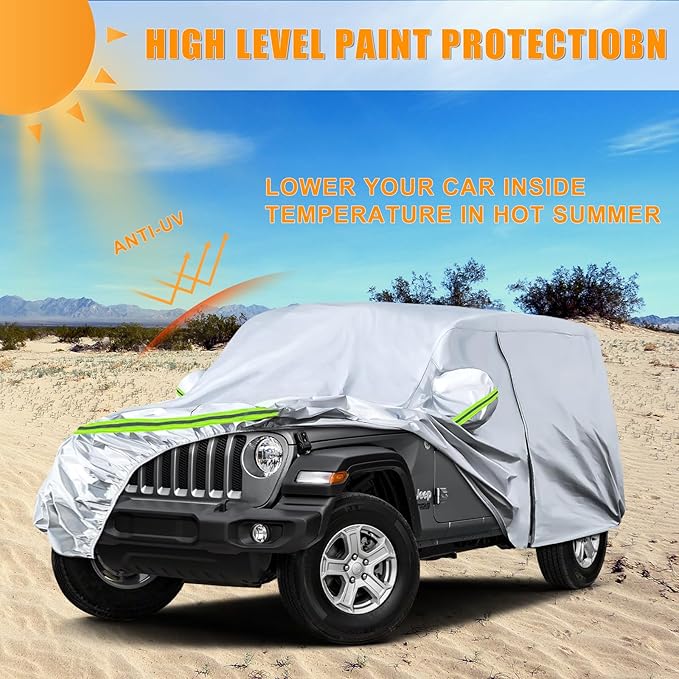 Waterproof Car Covers Replace for 2007-2025 Jeep Wrangler 4 Doors, 6 Layers Silver All Weather Car Cover with Zipper Door & Windproof Bands for Snow Rain Dust Hail Protection