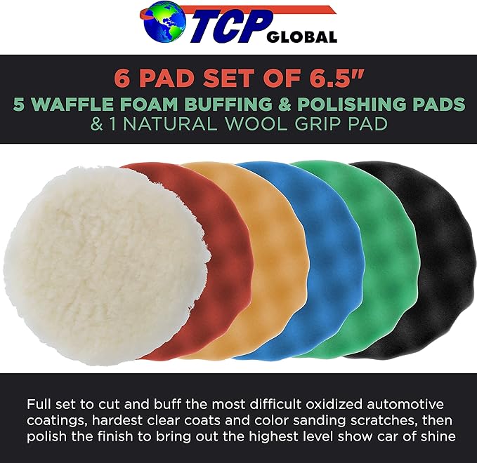 TCP Global 6.5 Inch Buffing Pads Set - 5 Waffle Foam Buffer Pads & 1 Wool Pad for Orbital Buffers, DA Polish Pad for Paint Correction, Polishing Kit for Auto & Boat Gelcoat Detailing
