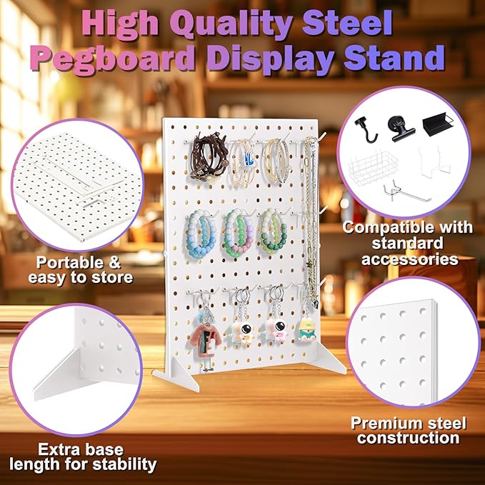 Acfunique Peg Board Display Stand for Vendors with 12 Hooks Metal Tabletop Pegboard Display Stand for Craft Shows 17" X 13" Retail Display Racks Peg Board Organizer Holder White