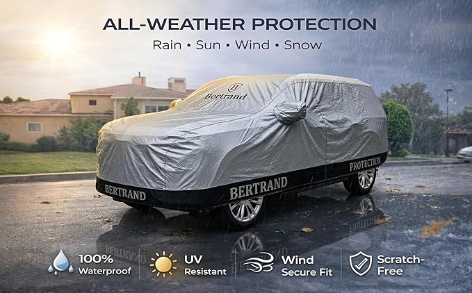 BERTRAND Premium SUV Car Cover (187x75 - Size S2) - Waterproof All Weather | Mirror Pockets + Door Zipper | Cotton-Lined | UV Protection + Reduces Hail Impact | Mid-Large SUVs