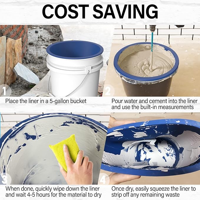 Reusable Silicone 5 Gallon Bucket Liner with Graduated Measurements - Leakproof Thinset, Grout, Concrete Mixing Pail Liner - Heavy-Duty Bucket Saver Accessory (Blue)