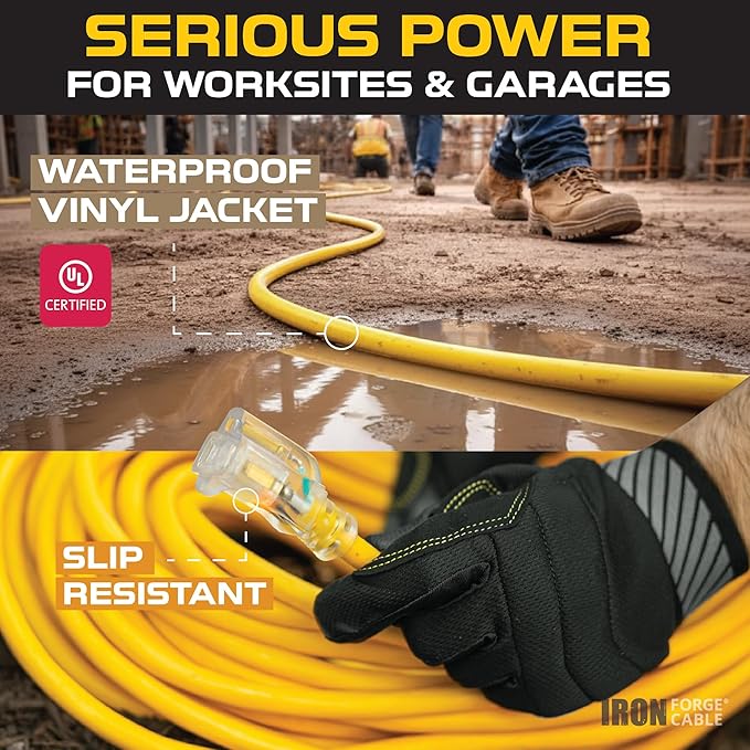 IRON FORGE CABLE 2 Pack of 100 Foot Lighted Outdoor Extension Cord - 12/3 SJTW Heavy Duty Yellow Extension Cable with 3 Prong Grounded Plug for Safety, 15 AMP - Great for Garden and Major Appliances