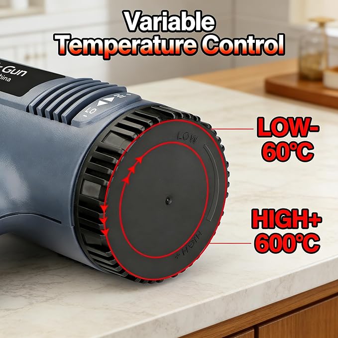 Heat Air Gun 1500W 140℉-1112℉（60℃- 600℃），Variable Temperature Control Overheat Protection with 4 Nozzles for Crafts, Shrinking PVC, Stripping Paint