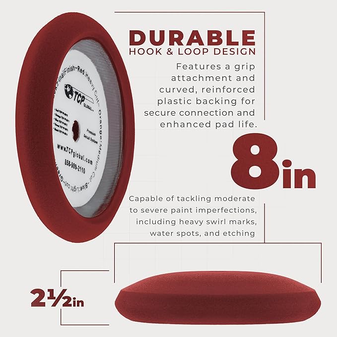 TCP Global 8" Red Foam Buffing Pad Extra Coarse Cutting Polish Hook and Loop Backing - Buffing Pad for Automotive, Marine, Truck, RV & Compound Cutting