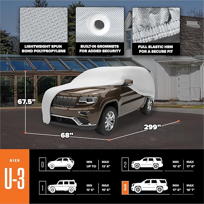 Budge Lite SUV Car Cover, Single-Layer Breathable Indoor Dust Proof Protection, Lightweight Non-Abrasive Fabric, Fits SUVs up to 229" L x 68" W x 67.5" H, Gray