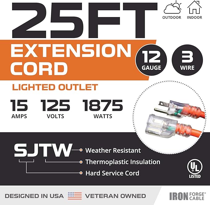 IRON FORGE CABLE 12 Gauge Extension Cord 25 Ft Lighted End - 12 AWG Heavy Duty Cord with 3 Prong, Industrial Grade Orange Outdoor Cable 12/3 SJTW for Major Appliances & HVAC, US Veteran Owned