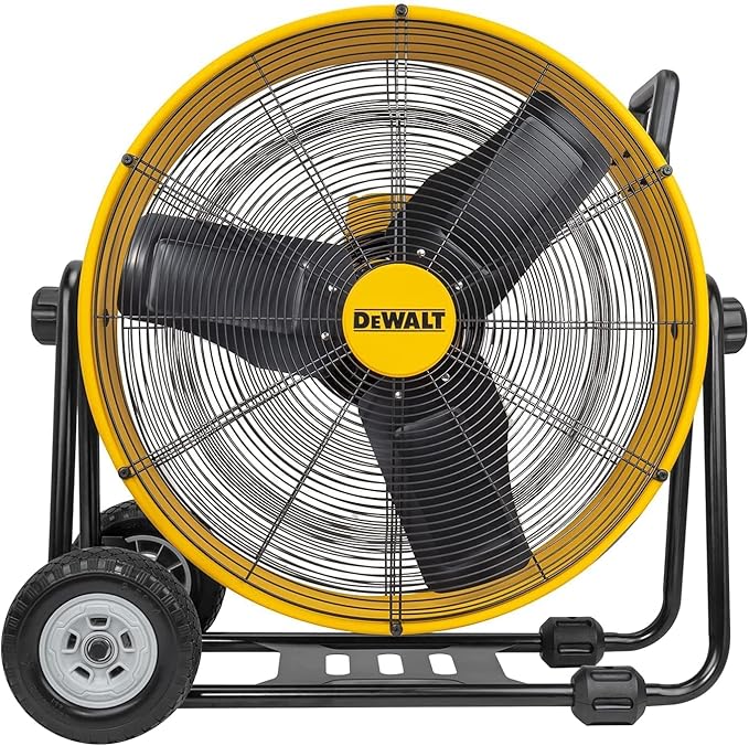 DEWALT Drum Fan High-Velocity Industrial, Drum, Floor, Barn, Warehouse Fan, Heavy Duty Air Mover with Adjustable Tilt & Large Wheel, 24", Yellow DXF2490