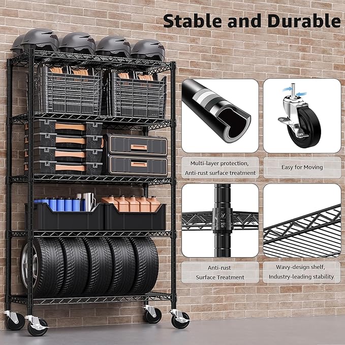 M MZG 5-Shelf Storage Shelves,Wire Shelving Heavy Duty Metal Storage Shelving Unit Adjustable Garage Shelving Rack Pantry Kitchen (Black, 5 Tier,17.7" D x 47.2" W x 76.7" H)