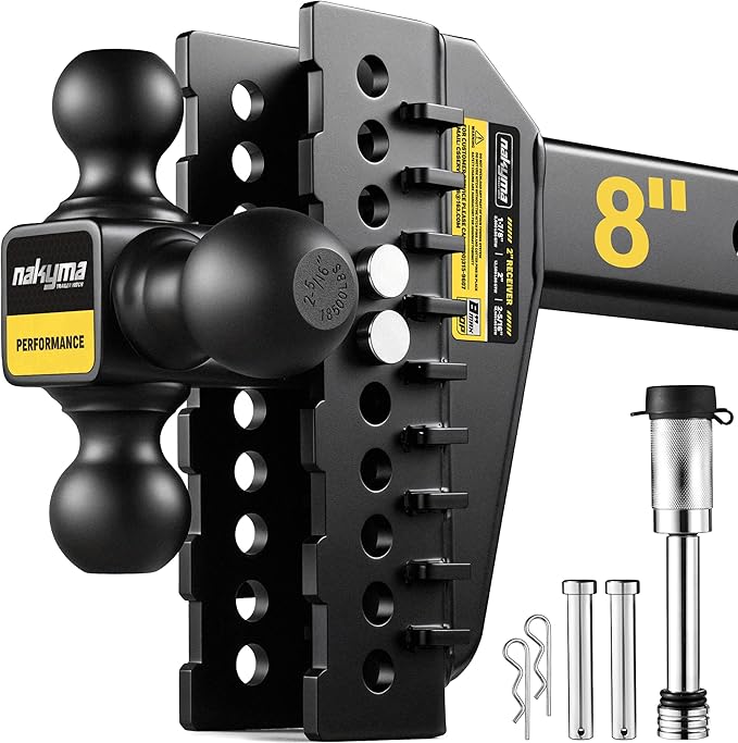 Adjustable Drop Hitch, 8 Inch Drop Tri Ball Mount(1-7/8'', 2''&2-5/16''), Max 18,500 LBS GTW-Truck Trailer Hitch with Double Anti-Theft Pins Locks, Fits 2-Inch Receiver