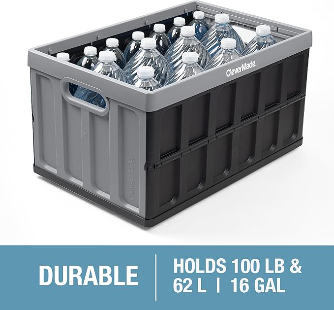 CleverMade Collapsible Storage Bins with Lids (62L, 3 Pack) – Heavy Duty Foldable Plastic Storage Crates for Garage, Closet & Trunk Organization - Ocean