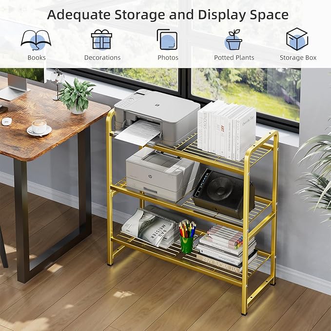 3 Tier 30" Wide Metal Wire Shelf, Stackable & Adjustable Gold Utility Shelves for Pantry, Garage, Closet Storage