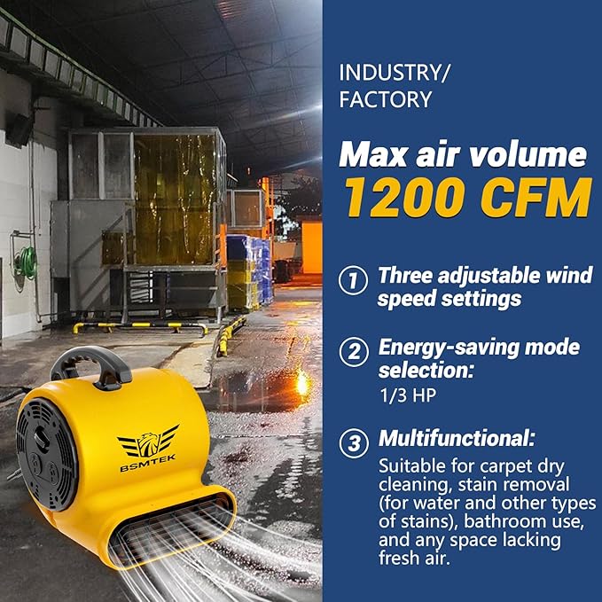Air Mover Blower Fan, Industrial 1/3HP 1200CFM Monster Floor Blower Carpet Dryers - 3 Speeds Switch, 4 Adjustable Angles, 10FT Long Cord, Stackable - 2025 Upgraded