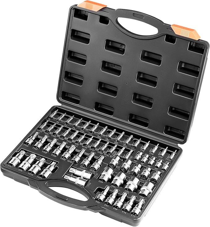 VEVOR Torx Bit Socket and External Torx Socket Set, 60-Piece T6-T70, TT6-TT70, TP8-TP60, E4-E24, S2 Alloy Steel and Cr-V Steel, 1/4 in, 3/8 in, and 1/2 in Drives, with Enhanced Storage Case, Hand Use