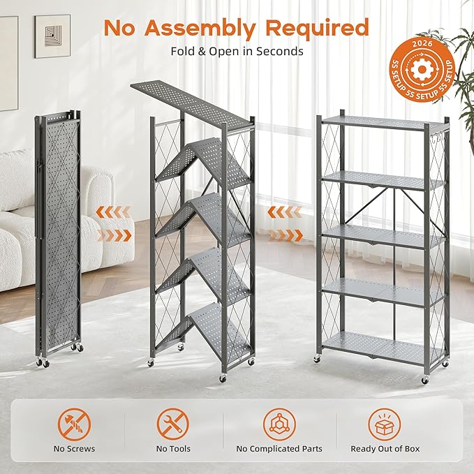 Fenbeli Foldable Storage Shelf 5 Tier, No Assembly Collapsible Shelves with Wheels & Hooks, Heavy Duty Metal Shelving Unit, Rolling Storage Rack Organizer for Kitchen Pantry Garage Small Spaces