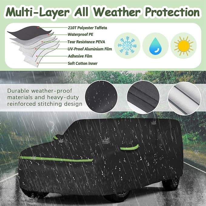 Car Cover for Hummer H3 SUV 2006-2010, 210T Waterproof Sun Rain UV Dust Snow Protection Outdoor H3 Full Car Cover with Windproof Gust Strap and Zipper Door-Black