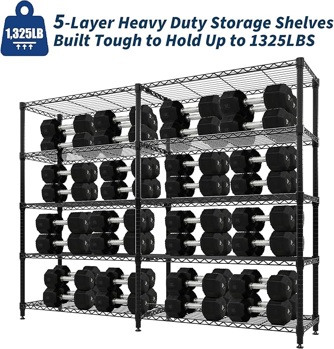 5-Tier Metal Storage Shelves, Heavy Duty Wire Rack Shelving Unit for Garage Kitchen Storage, 15.7"D x 71"W x 70.5"H Adjustable Shelf for Basement & Pantry Room Organization, Easy Assembly