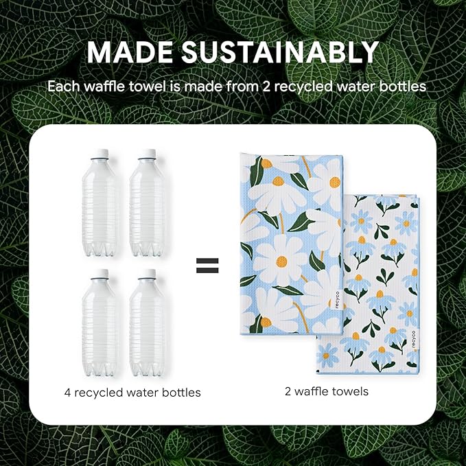 RECYCO Waffle Kitchen Towel Set of 2 - Quick Dry Microfiber Sustainable Dish Towels - Ultra Absorbent Reusable Cleaning Tea Towels - Lightweight Hand Towels,16”x 28”, Daisy Dreams