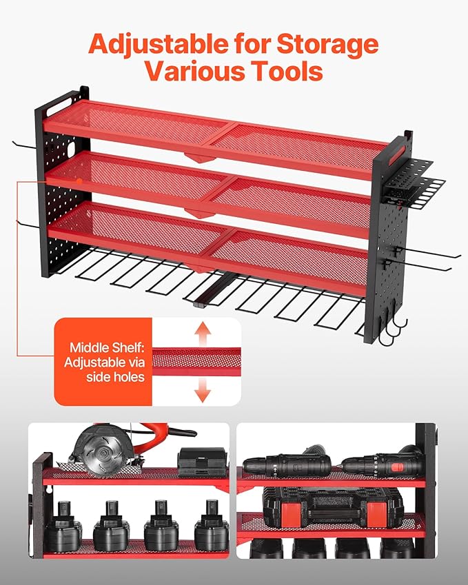 VEVOR Power Tool Organizer Wall Mount, 4-Layer Storage Rack with 8 Drill Holders, Tools Holder and Storage Rack with Side Pegboards, Garage Tool Organizer for Garage, Workbench, and Workshop