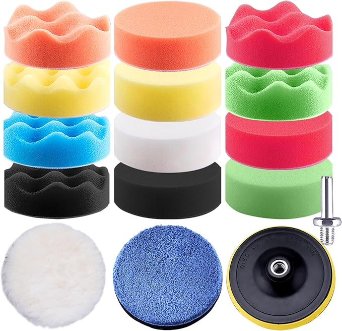 SIQUK 16 Pieces Buffing Pads 3 Inch Car Polishing Pad Kit Foam Polish Pads Wax Buffer Polisher Attachment for Drill