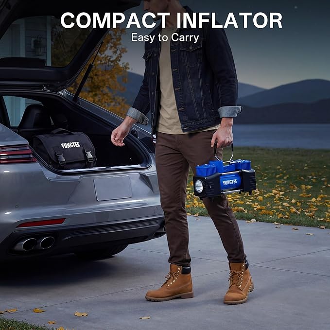 YUNGTEE Blue Tire Inflator Heavy Duty Double Cylinders Direct Drive Inflation Pump,12V Portable Air Compressor Pump with Emergency LED Light - 150PSI Tire Pump,Apply to Car,Suv,RV