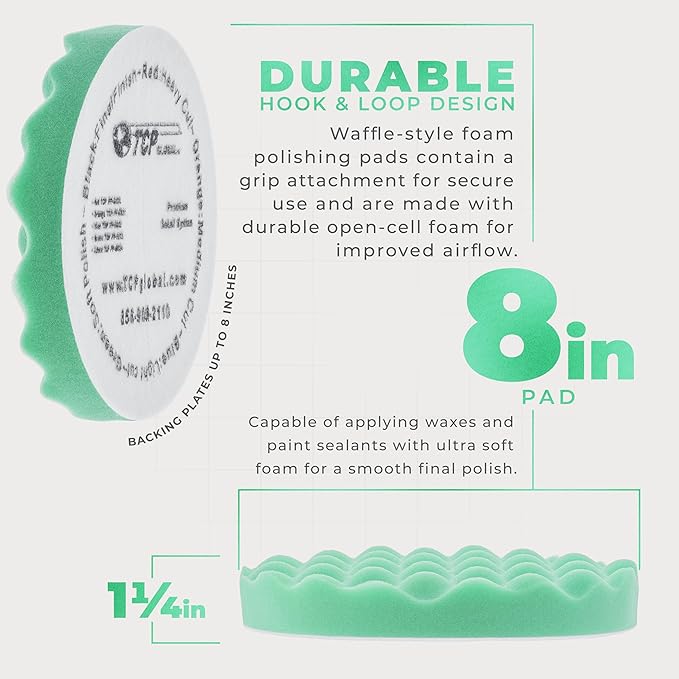 TCP Global 8" Green Waffle Foam Buffing Pad Hook and Loop Backing - Final Cut Pad for Polishing, Automotive, Marine, Truck, RV & Compound Cutting, Car Polishing Pads
