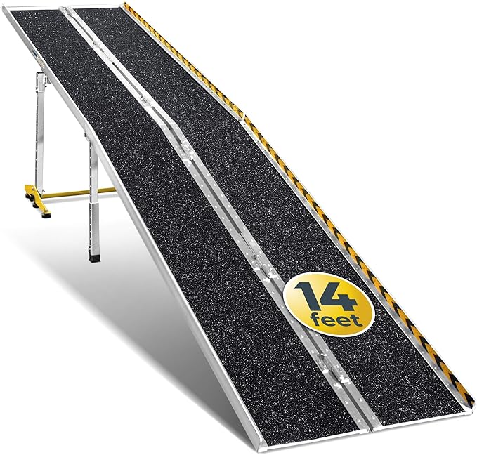 MAASTERS Wheelchair Ramp 14 Feet - Aluminum Long Wheelchair Ramp - Loading Capacity 600 lbs - Portable 14 Foot Ramp with Extra Support Leg