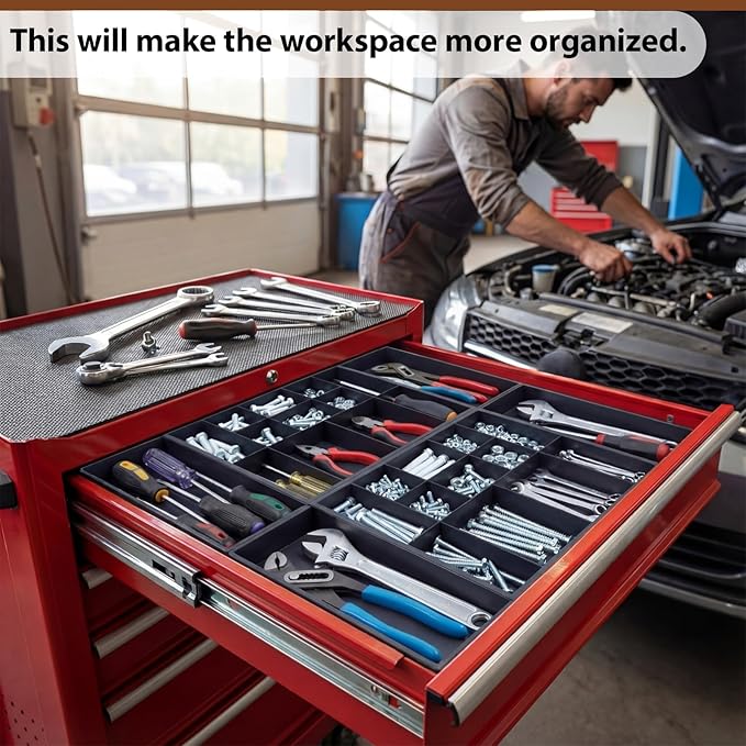 2 Pack Tool Box Organizer Tray Divider, Expandable Desk Drawer Organizer with 12+2 Compartments, 12-20.5 Inch Large Toolbox Storage Tray, Toolbox for Rolling Tool Chest Cart Workbench