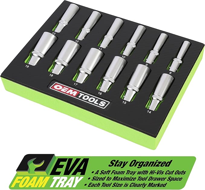 OEMTOOLS 23981 12 Piece Deep Socket Set 3/8, Deep Well Socket Set Metric 8mm-19mm, Heat-Treated Alloy Steel Sockets, Hard Chrome Finish, EVA Foam Tray